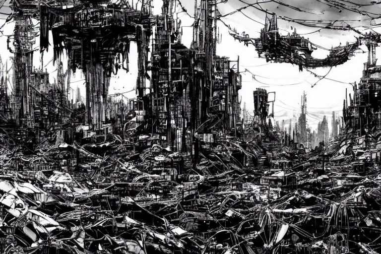 Image similar to no man's land, remnants of the human civilization, post-apocalyspe, by Tsutomu Nihei