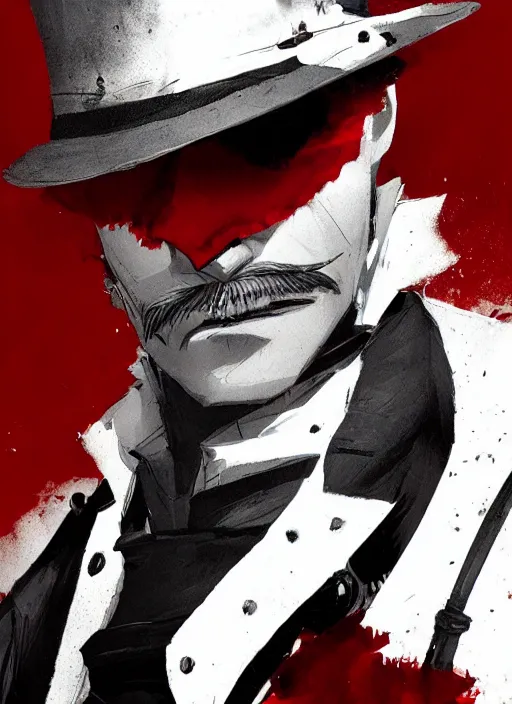 Prompt: highly detailed portrait of percy toplis as jack the ripper, by Dustin Nguyen, Akihiko Yoshida, Greg Tocchini, Greg Rutkowski, Cliff Chiang, 4k resolution, nier:automata inspired, bravely default inspired, vibrant but dreary red, black and white color scheme!!!