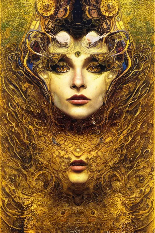 Image similar to Machinery of Fate by Karol Bak, Jean Deville, Gustav Klimt, and Vincent Van Gogh, enigma, otherworldly, fractal structures, prophecy, arcane, ornate gilded medieval icon, third eye, spirals