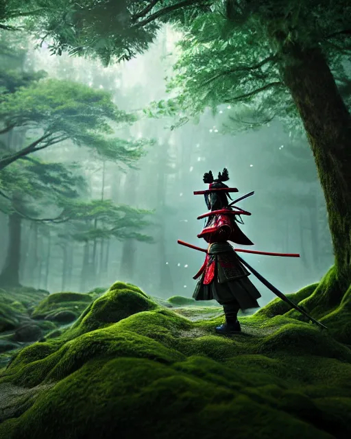 Prompt: samurai in enchanted forest, unreal engine 5, atmosphere, gorgeous, depth of field, cinematic, macro, concept art, 50mm, artstation, wlop, elegant, epic, weta digital, focus, octane render, v-ray, 8k, kodak portra, art by Asaf Hanuka