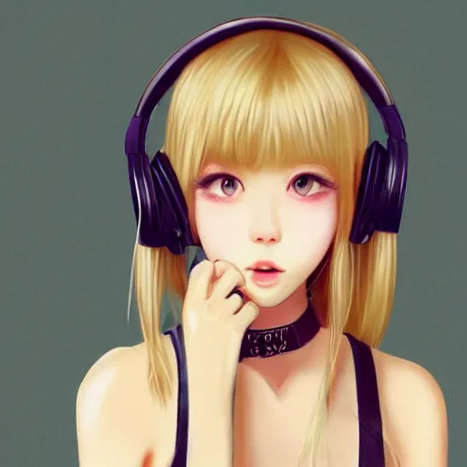 Image similar to realistic beautiful gorgeous natural cute Blackpink Lalisa Manoban blonde hair cute fur blonde cat ears, wearing camisole, wearing headphones, wearing black leather choker artwork drawn full HD 4K highest quality in artstyle by professional artists WLOP, Taejune Kim, Guweiz on Artstation Pixiv