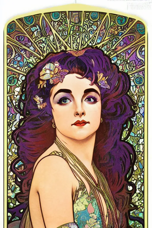 Prompt: realistic detailed face portrait of Mermaid Elizabeth Taylor, by Alphonse Mucha, and Lisa Frank, Art Nouveau, Neo-Gothic, gothic, rich deep colors