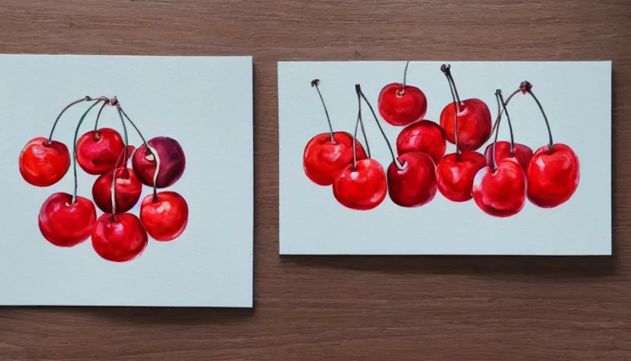 Prompt: watercolor painting of hundreds cherries, bright, white table, white walls