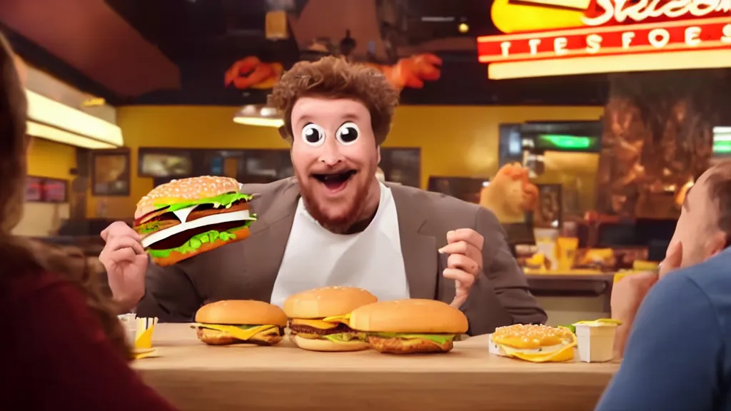 Prompt: the strange creature eats a cheeseburger, at the fast food restaurant, television commercial, studio lighting, extremely professional