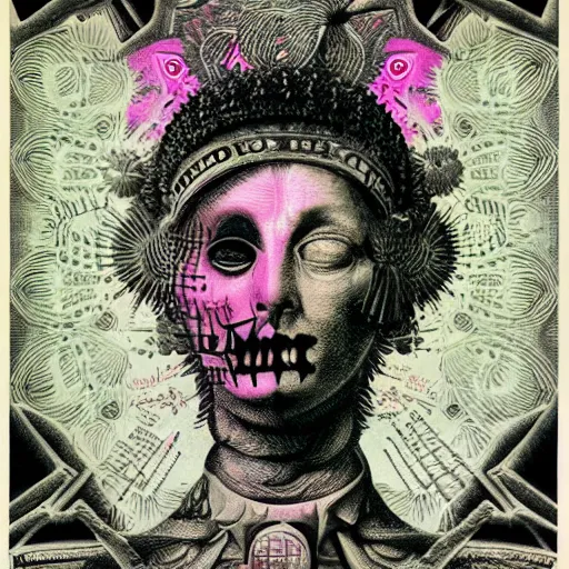 Image similar to post - punk new age album cover, asymmetrical design, frame of a dollar bank notes, capitalism, magic, apocalypse, psychedelic, black white pink, magic, giger h. r., giuseppe arcimboldo