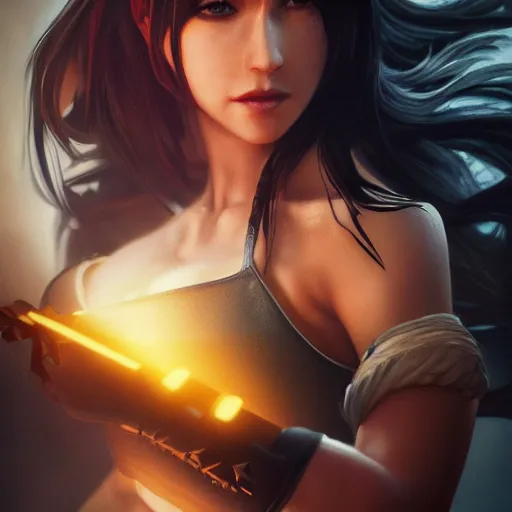 Image similar to charismatic seductive tifa lockhart portrait, atmospheric lighting, painted, intricate, volumetric lighting, beautiful, golden hour, sharp focus, ultra detailed, by leesha hannigan, ross tran, thierry doizon, kai carpenter, ignacio fernandez rios
