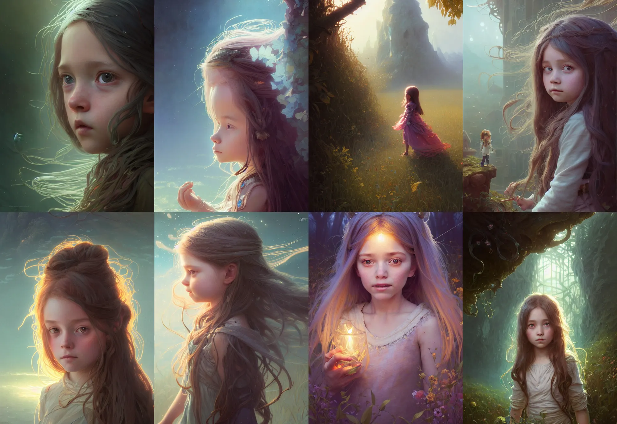 Image similar to highly detailed portrait of a little girl with long hairs, stephen bliss, unreal engine, fantasy art by greg rutkowski, loish, rhads, ferdinand knab, makoto shinkai and lois van baarle, ilya kuvshinov, rossdraws, tom bagshaw, alphonse mucha, global illumination, radiant light, detailed and intricate environment