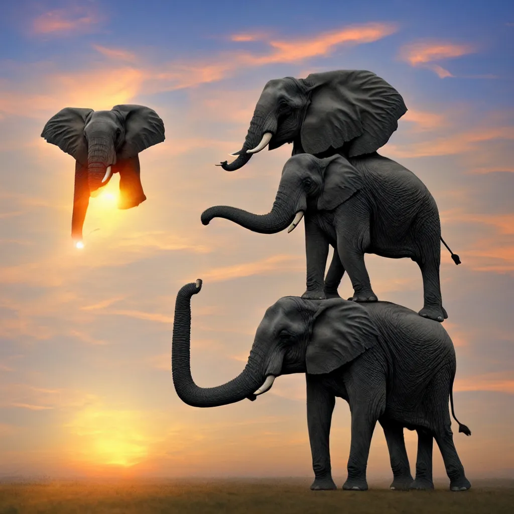 Image similar to elephant shooting lasers from its eyes in front of a sunset