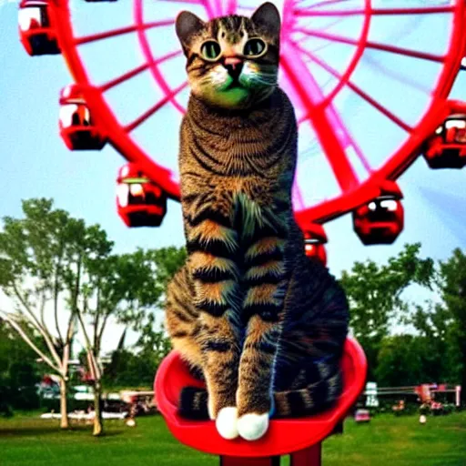 Image similar to !!! cat!!!, ferris wheel, feline, sitting, riding, funny, award winning photo, realistic,