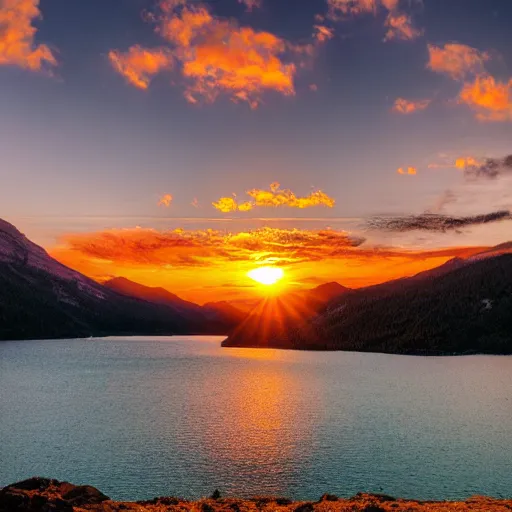 Image similar to sunset above blue lake, beautiful landscape, high detail, instagram photo, professional dslr photo,