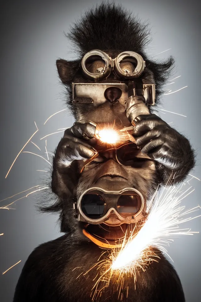 Image similar to portrait photograph a super villain wearing a monkey mask and welding goggles medium shot, dark background, lit from above,