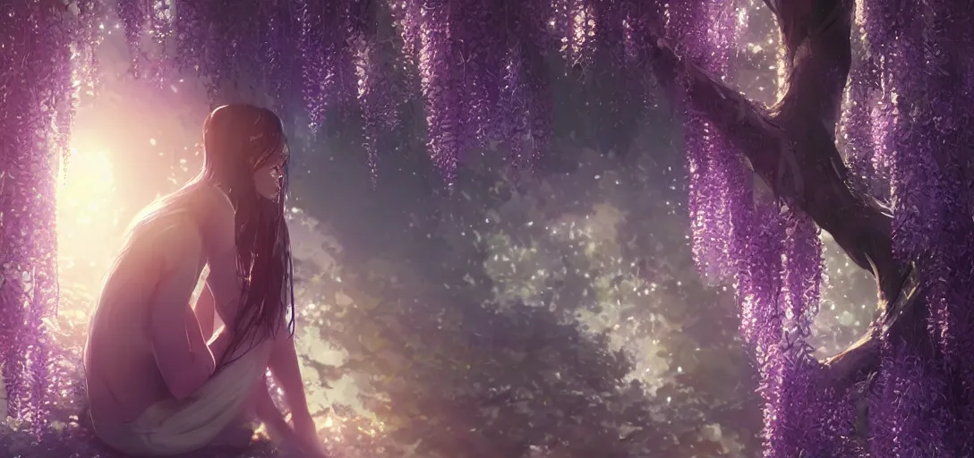 Image similar to Young Himalayan woman sitting in a large tree, glowing wisteria, night time scene, somber white eyes, long ashy hair, gentle lighting, futuristic, dim lighting, digital art by Makoto Shinkai ilya kuvshinov and Wojtek Fus, digital art, concept art,