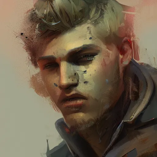 Prompt: blurry painted male face, by Ismail Inceoglu, blonde hair, detailed, blurred, muted colors, detailed, illustration, portrait, character, brushstrokes, disco elysium, 4K