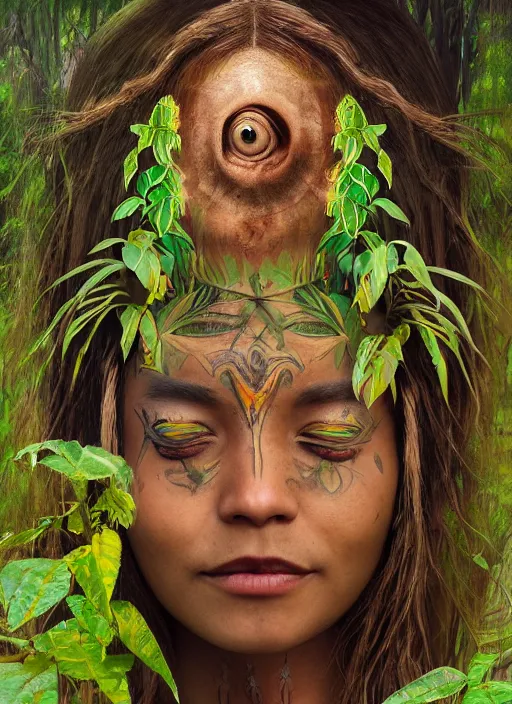 Prompt: beautiful matte painting of a portrait of a plant teacher spirit uchu sanango in the jungle, shamanic vibes, tribal face paintings, ayahuasca, matte painting, realistic