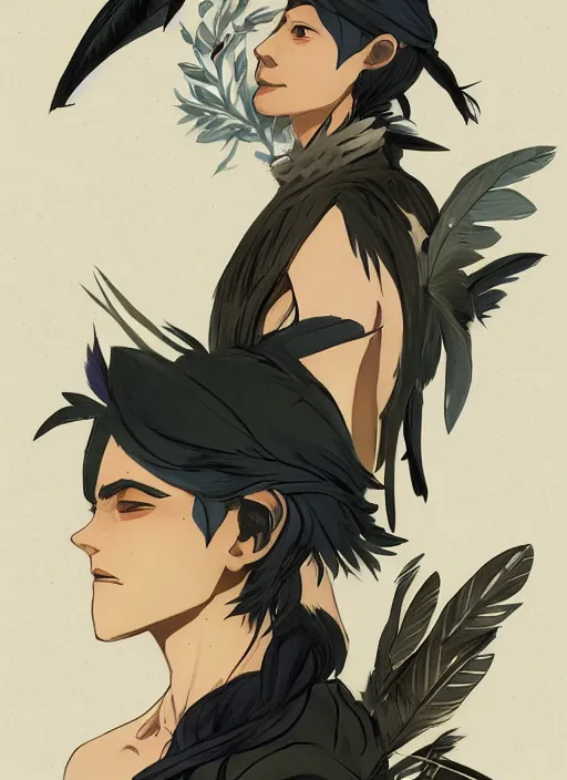 Image similar to concept art painting of an androgynous bird person with human face and black feathers, pirate clothes, detailed, cel shaded, in the style of makoto shinkai and james gurney and alphonse mucha and greg rutkowski and artgerm