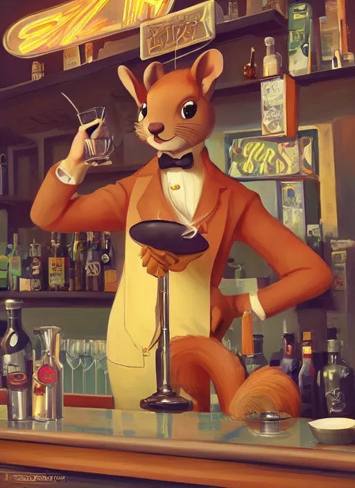 Image similar to squirrel anthro as a dapper bartender with a big, fluffy tail, retro futurism, art deco, detailed, painterly digital art by WLOP and Cory Loftis and Dod Procter, 🐿🍸🍋, furaffinity, trending on artstation