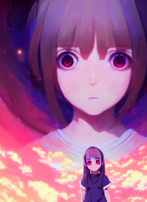 Prompt: portrait of cute girl with huge very adorable anime eyes, very psychedelic planetary anime scenery illustration concept art anime key visual trending pixiv fanbox by wlop and greg rutkowski and makoto shinkai and studio ghibli and kyoto animation