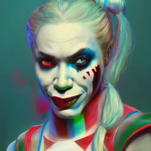 Image similar to Portrait of Harley Quinn but she's a beautiful ape kid with long pony tails on either side of her head, mayhem, illustration, by James Jean, artgerm, octane render, by John Coltrane and Marc Simonetti, Manic, inspired by Greg rutkowski, colorful, high detail of the face, full body