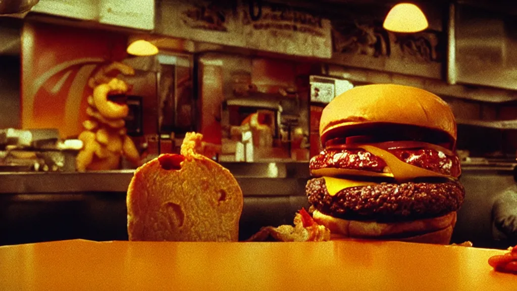 Prompt: the cheeseburger creature at the fast food restaurant, they steal my food, film still from the movie directed by denis villeneuve and david cronenberg with art direction by salvador dali and zdzisław beksinski, wide lens