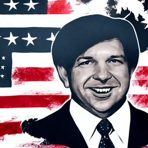 Prompt: Ron Desantis in front of a Betsy Ross flag, dark, creepy, ominous, modern propaganda artwork