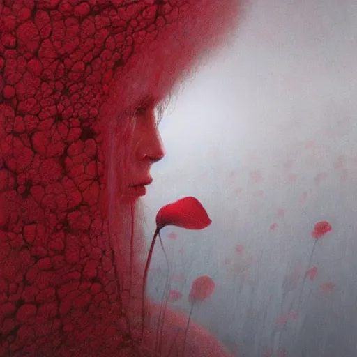 Image similar to Crimson rain, white flower, highly detailed, artstation, smooth, by beksiński