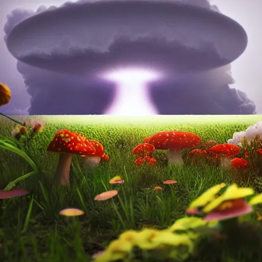 Prompt: a dramatic nuclear explosion but with flowers, mushroom, dramatic lightning, octane render, cinematic rendering, 8k