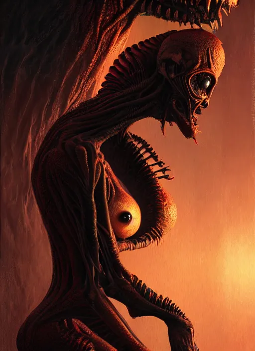 Image similar to ultra realist horror painting of a dimly back lit attractive alien female and hellish creature together, very intricate details, focus, curvy figure, model pose, full frame image, artstyle hiraku tanaka and craig mullins, award winning