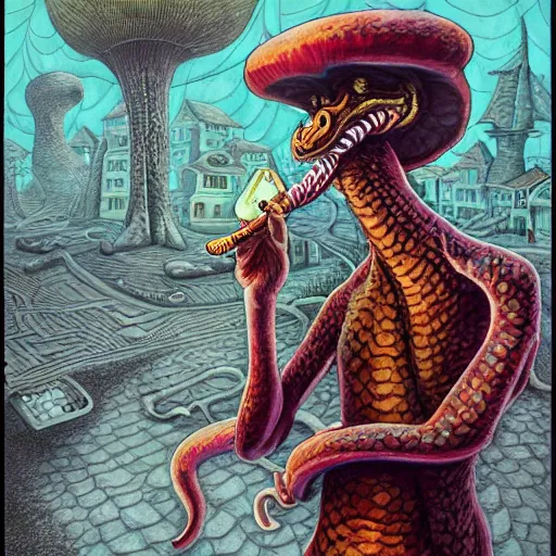 Image similar to A centered chest up portrait of a psychedelic demonic anthropomorphic snake smoking a hand-rolled cigarette smoking heavily , magic mushroom village in background , award winning. superb resolution. in the art style of junji Ito and greg rutkowski . Detailed Mushroom city in background. Hyper realistic anime. Perfect art. Dalle2