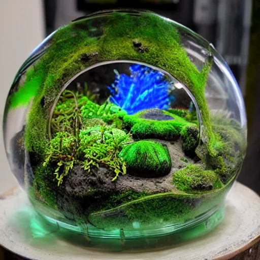 Image similar to alien planet, lush with fluorescent mushrooms encapsulated in a terrarium, high detail, photorealistic