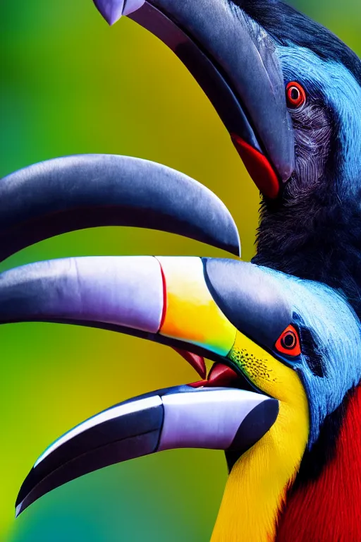 Image similar to an evil toucan, dynamic pose, close - up, intricate details, intricately detailed textures, warm lighting, vivid colors, realistic octane render, hyper realistic render, volumetric shading, depth of field, raytracing, 8 k,