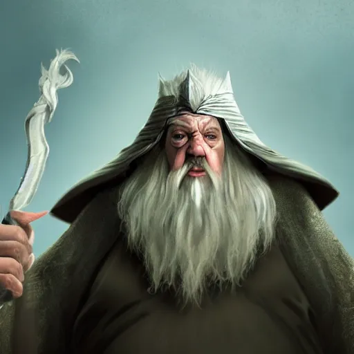 Image similar to obese Gandalf wearing a headset yelling at his monitor while playing WoW highly detailed wide angle lens 10:9 aspect ration award winning photography by David Lynch esoteric erasure head