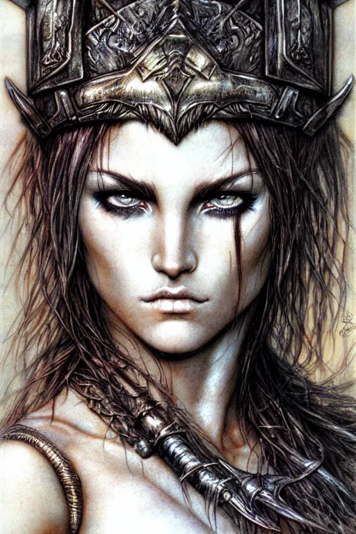 Prompt: head and shoulders portrait of a barbarian, female, high fantasy, d & d, by luis royo, face details, extremely detailed, digital illustration, sharp focus