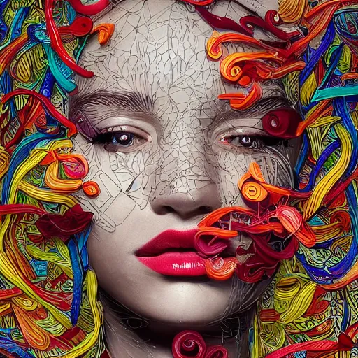 Image similar to the portrait of an unbelievably beautiful and sophisticated young woman made up of peppers looking up, an ultrafine detailed illustration by james jean, intricate linework, bright colors, final fantasy, behance contest winner, vanitas, angular, altermodern, unreal engine 5 highly rendered, global illumination, radiant light, detailed and intricate environment