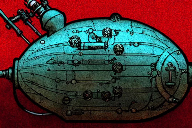 Image similar to steampunk submarine!, in the style of john avon and derek riggs and eva widermann, trending on artstation, halfrear lighting closeup view anaglyph filter, bokeh, anime, colored pencil art, belle epoque