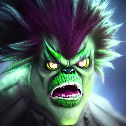 Prompt: full shot portrait of angry darkness Blanka at moonlight, inspired by Tim Burton, Norihiro Yagi, Marc Simonetti, Amano, Juri Misaki, detailed, unreal engine 4k volumetric light, fog,