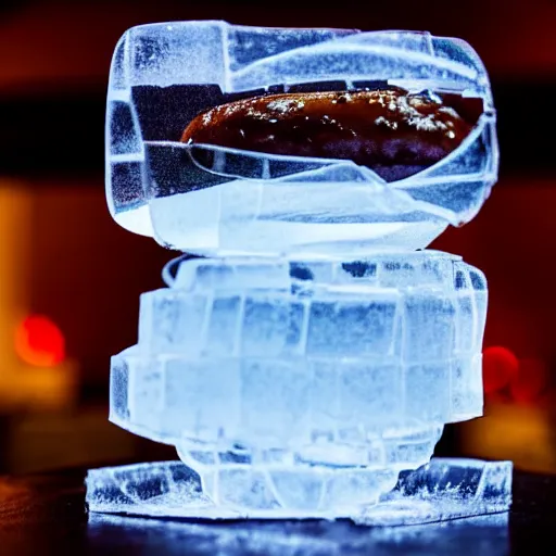 Image similar to a clear ice sculpture of a burger made entirely of ice, 4 k