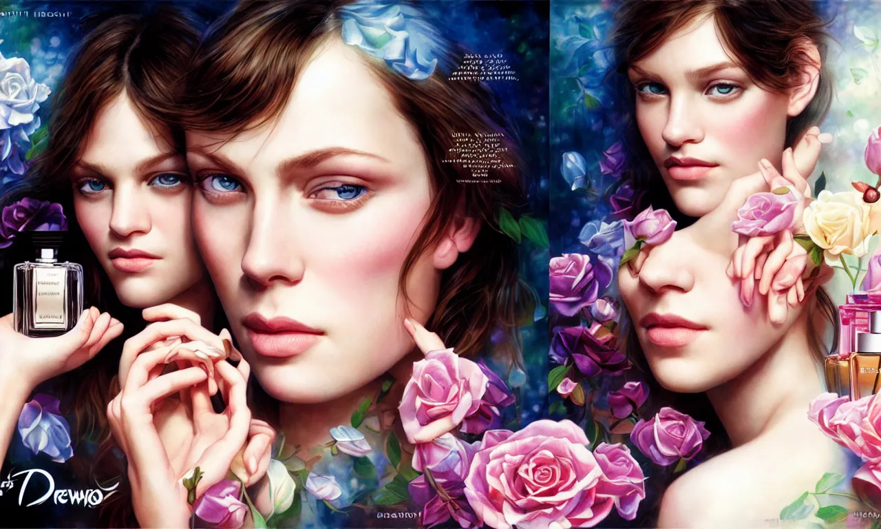 Prompt: portrait fragrance advertising campaign by drew struzan, highly detailed