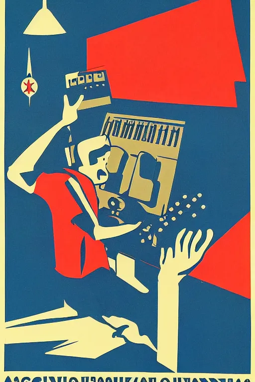 Prompt: soviet propaganda poster of a sound synthesizer solving world problems