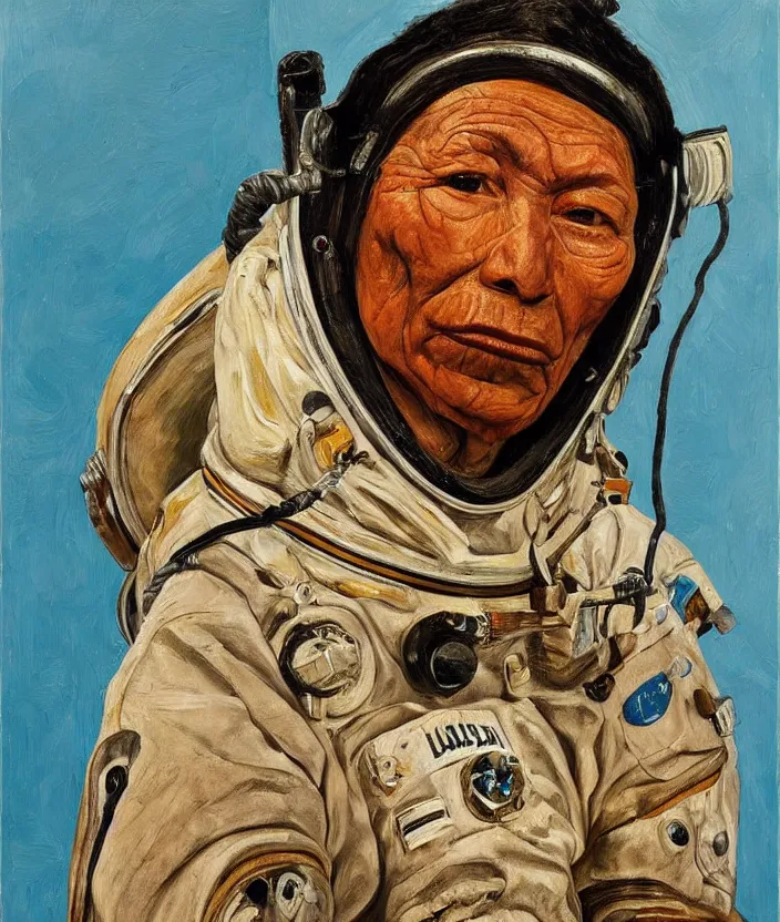 Image similar to indigenous woman with astronaut helmet, painted by lucian freud, hd, super detailed, realistic, muted colors