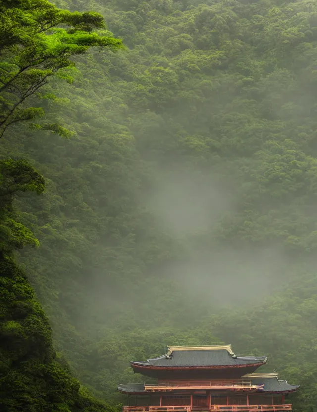 Image similar to a cinematic photo of an ancient japanese hot springs temple on the top of a mountain in a misty bamboo cloud forest