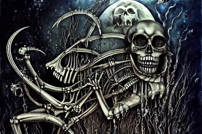 Image similar to highly detailed fine painting Macabre Dancing skeletons eerie moonlit under water under water scene fantasy digital art by H.R. Giger deviantart