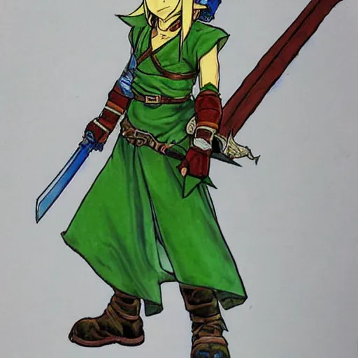Image similar to Link from the Legend of Zelda as a Final Fantasy Character, by Yoshitaka Amano, peaceful color palette