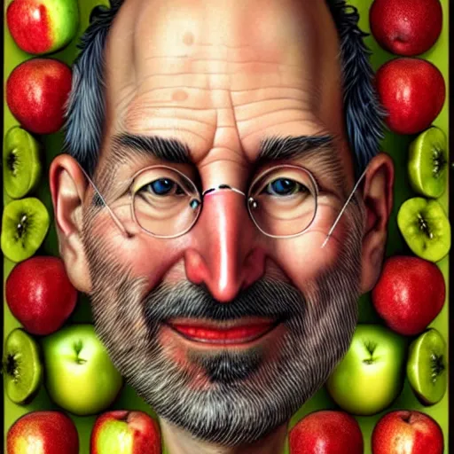 Image similar to giuseppe arcimboldo, steve jobs, face made of many small apples and fruit, highly detailed, illustration, intricate portrait design, diffuse lighting, aesthetic, trending on artstation