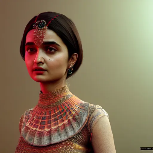 Image similar to daz3d genesis 8 female Alia Bhatt wearing mekhela bihu dress, Iray shaders, studio HDRI soft lighting, natural skin textures ultra hd 8k, ray traced, unreal engine, cinematic realistic portrait, face, beauty expressive pose, bare shoulders, fantasy, intricate, elegant, highly detailed, digital painting, artstation, concept art, smooth, sharp focus, illustration, art by artgerm and greg rutkowski and alphonse mucha