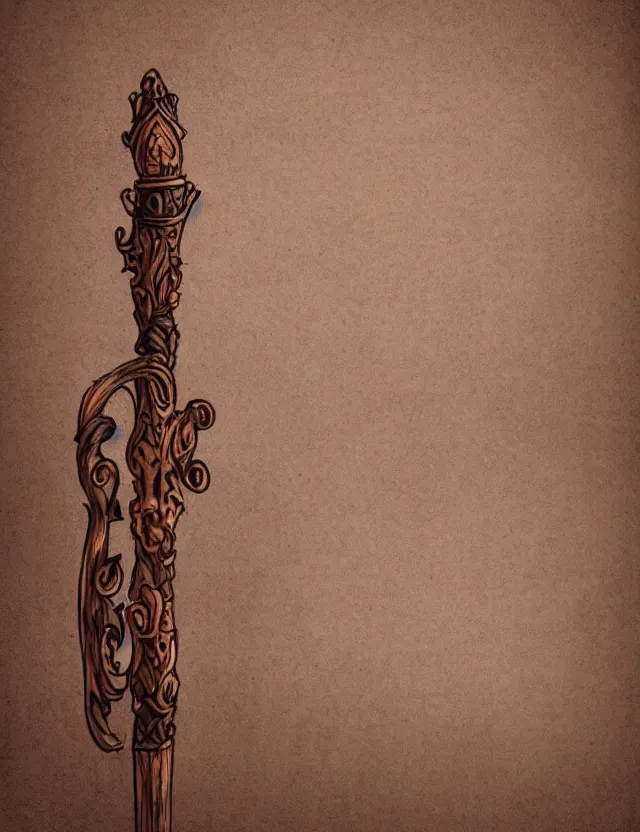 Prompt: medium shot of an ornate wooden staff, fantasy illustration, medieval era, blank background, studio lighting, hand - drawn digital art