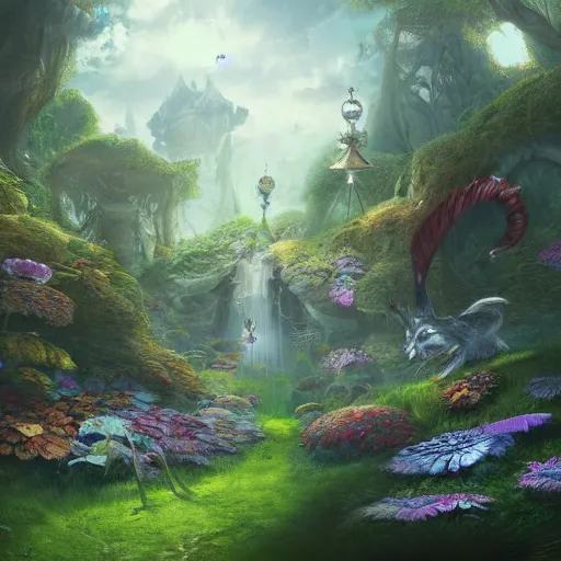 Prompt: photorealistic fantasy concept art of the world of Alice and wonderland landscape, dynamic lighting, magical, mysterious, hyperrealism, 8k resolution, HD quality