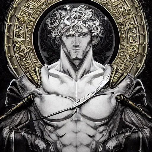 Image similar to portrait of zeus, baroque style, elegant, beautiful, mesmerizing, concept art, fancy clothing, highly detailed, artstation, behance, deviantart, inspired by innocent manga, inspired by castlevania concept art, trending, ayami kojima, shinichi sakamoto