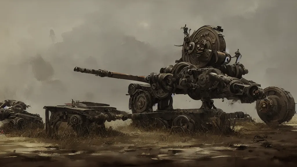 Prompt: realistic looking howitzer cannon, watercolored, jakub rozalski, dark colours, dishonored, artstation