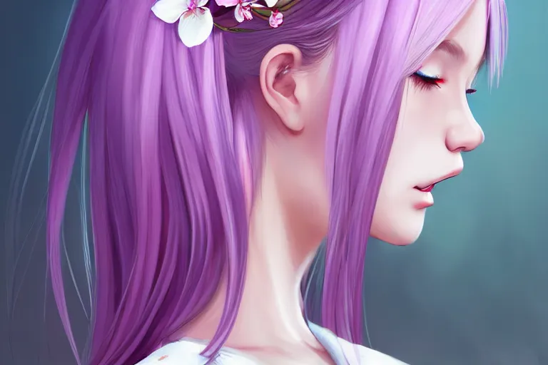 Prompt: A girl who's hair is light-silvery pink with orchid purple eyes, waist-length. Wearing a cherry blossom chopstick in the bun of her hair. Her skin is Ivory White pixiv artist WLOP artstation artist Mam BA artstation real photo very detailed