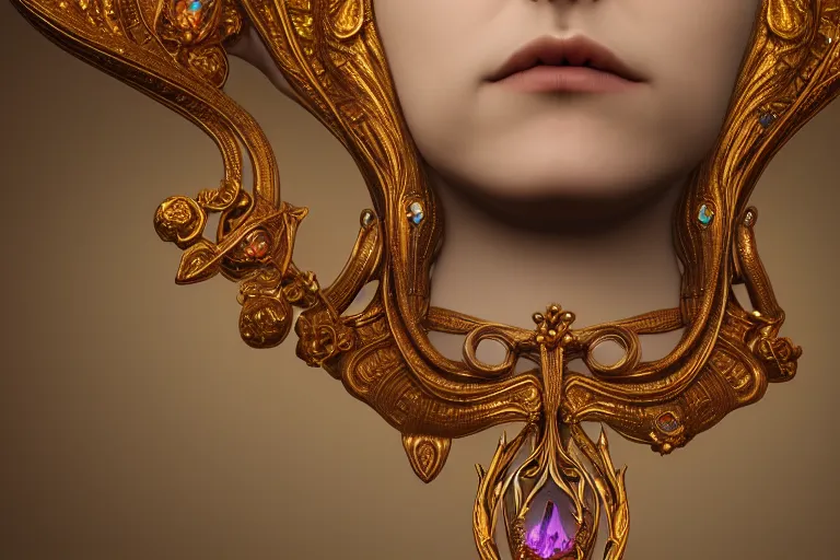 Prompt: highly detailed oil painting, art nouveau, ornate, delicate, brilliant magical gemstones choker, around a neck, octane render, realistic, dramatic light, 3 d, photograph 4 k,
